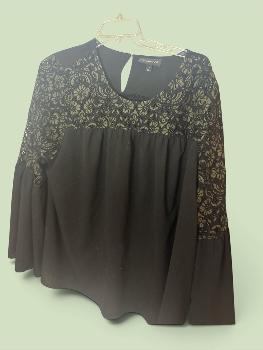 Lane Bryant Black Lace Yoke Bell Sleeve Top